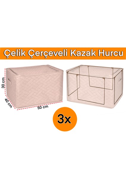 3 Adet Çelik Çerçeveli Çok Amaçlı Kutu Maxi Orta Boy Kutu  Organizer Telli Hurç 40X50X30CM Kazak Hurcu