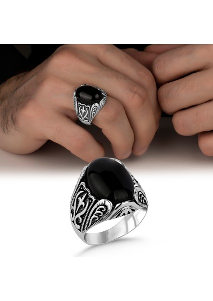 Siyah Onyx Taşlı 925 Ayar Gümüş Erkek Yüzük