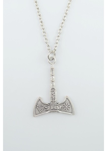 Viking Çift Taraflı Balta Erkek Kadın Kolye Antik Gümüş Kaplama - 60 cm Düz Zincir