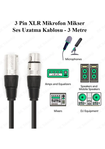 3 Pin Xlr Mikrofon Mikser Ses Uzatma Kablosu - 3 Metre