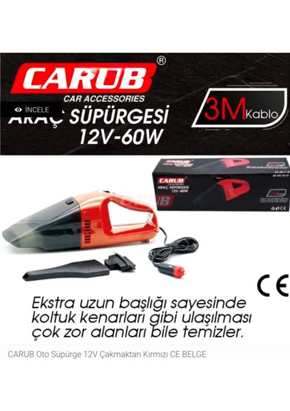 Oto Süpürge 12V 60W Çakmaktan Ce Belgeli KIRMIZI-BR0909005