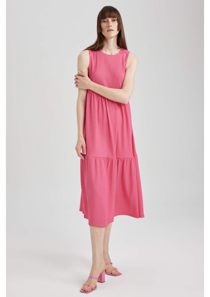 Bisiklet Yaka Kolsuz Midi Volanlı Elbise A8841AX23SM