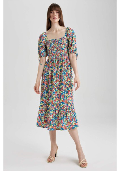 Kare Yaka Floral Bürümcük Kısa Kollu Midi Elbise Y7034AZ23HS fiyatları
