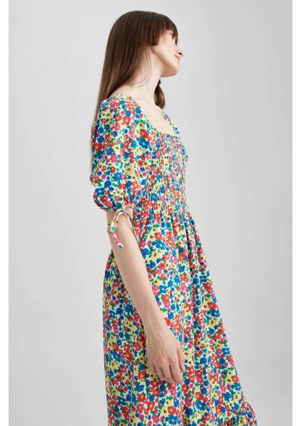 Kare Yaka Floral Bürümcük Kısa Kollu Midi Elbise Y7034AZ23HS fırsatları