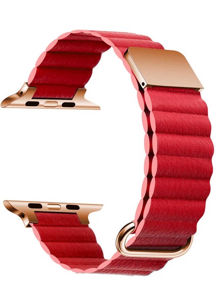 Casestreet Apple Watch 6 44 mm Kordon Strap Metal Toka Pu Deri KRD78 Kırmızı
