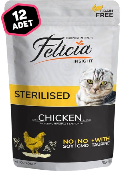 Pouch Tahılsız Tavuklu Kısırlaştırılmış Kedi Konserve Mama 12 x 85 Gr.