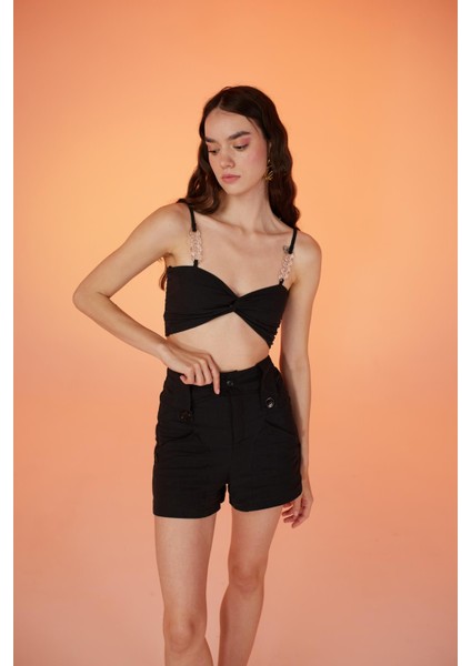 Koton Kumaş Şeffaf Rise Zincir Detaylı Bluz Siyah