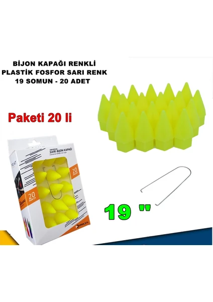 Sivri Mermi Tip Bijon Kapağı Plastik Fosfor Sarı Renk 19 mm Bijon Uyumlu 20 Adet - Caraks