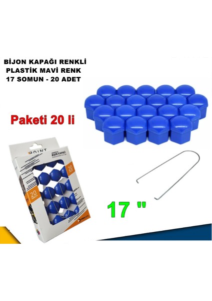 Renkli Bijon Kapağı Plastik Mavi Renk Altıgen 17 mm Bijon Uyumlu 20 Adet - Caraks