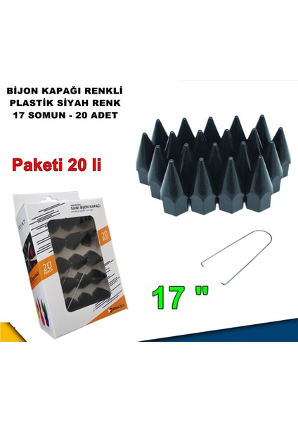 Sivri Mermi Tip Bijon Kapağı Plastik Siyah Renk 17 mm Bijon Uyumlu 20 Adet - Caraks
