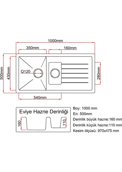 Granit Eviye - Antrasit Renk- 100X50 cm - 1.5 Gözlü Damlalıklı Mutfak Eviyesi