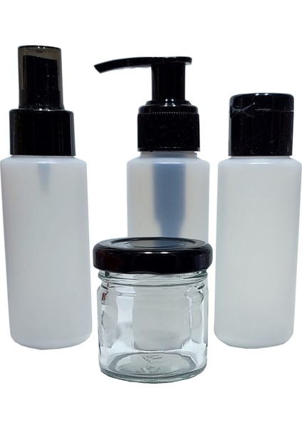 4'lü Seyahat Boy Boş Plastik Şişe Seti, Krem ve Vazalin, Sabun, Kolonya Dezenfektan Şişe