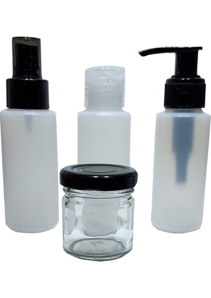 4'lü Seyahat Boy Boş Plastik Şişe Seti, Krem ve Vazalin, Sabun, Kolonya Dezenfektan Şişe