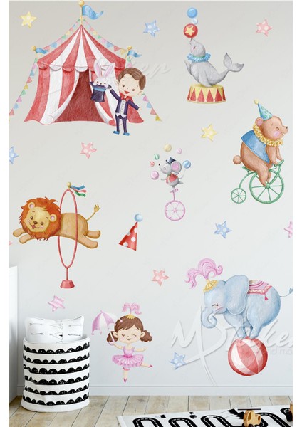 Sirkte Eğlenceli Hayvanlar, Balerin, Sihirbaz ve Yıldızlar Çocuk Odası Duvar Sticker Seti fiyatları