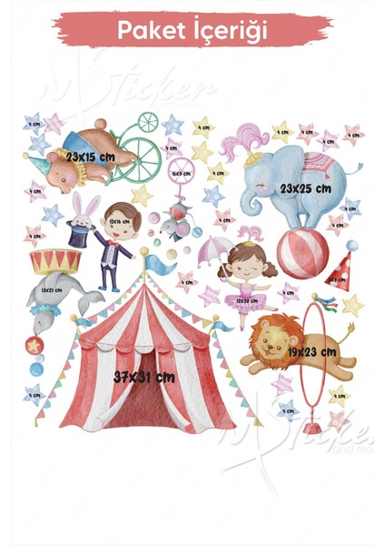 Sirkte Eğlenceli Hayvanlar, Balerin, Sihirbaz ve Yıldızlar Çocuk Odası Duvar Sticker Seti modelleri