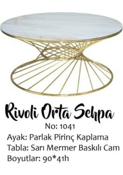 Orta Sehpa Brc Rivoli Model Beyaz Mermer Düz Cam Metal Çelik Altın Renk Kaplama Ayak El Yapım