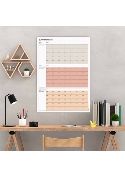 Tarihsiz Üç Aylık Duvar Takvimi, 90 Günlük Plan, Duvar Planlayıcı, Boho Renk, Toprak Tonu - 70X100 cm