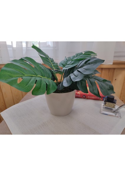 Monstera Devetabanı Beyaz Saksıda Yapay Çiçek