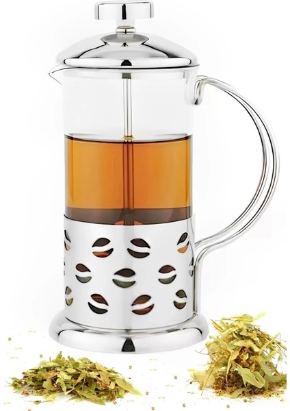 French Press Bitki Çayı Demliği 350 Ml. Metal Kulplu Çok Amaçlı Ölçü Kabı Cam French Press