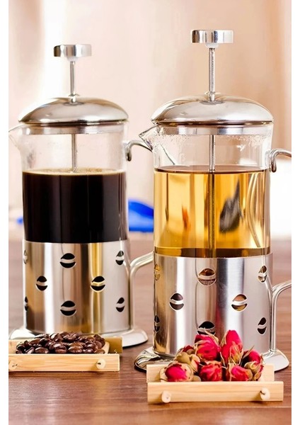 French Press Bitki Çayı Demliği 350 Ml. Metal Kulplu Çok Amaçlı Ölçü Kabı Cam French Press