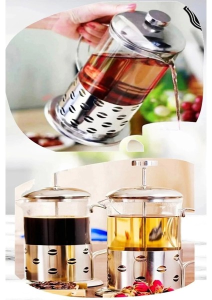 French Press Bitki Çayı Demliği 350 Ml. Metal Kulplu Çok Amaçlı Ölçü Kabı Cam French Press