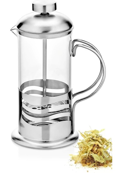 French Press Bitki Çayı Demliği 350 Ml. Metal Kulplu Çok Amaçlı Ölçü Kabı Cam French Press