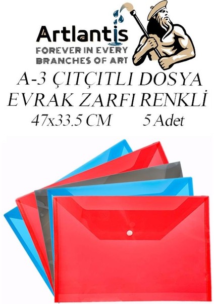 A3 Çıtçıtlı Dosya 5 Adet Renkli A-3 Çıt Çıtlı Zarf Dosya Transparan 47X33.5 cm Büyük Boy Çıtçıtlı Dosya