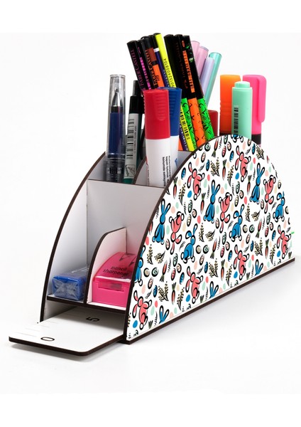 Ahşap Vip Renkli Hayvanlar Gökkuşağı Cetvelli Masaüstü Kalemlik Organizer Montajlı Kutulu