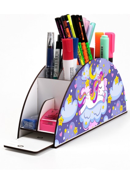 Ahşap Vip Unicornlar Model Gökkuşağı Cetvelli Masaüstü Kalemlik Organizer Montajlı Kutulu