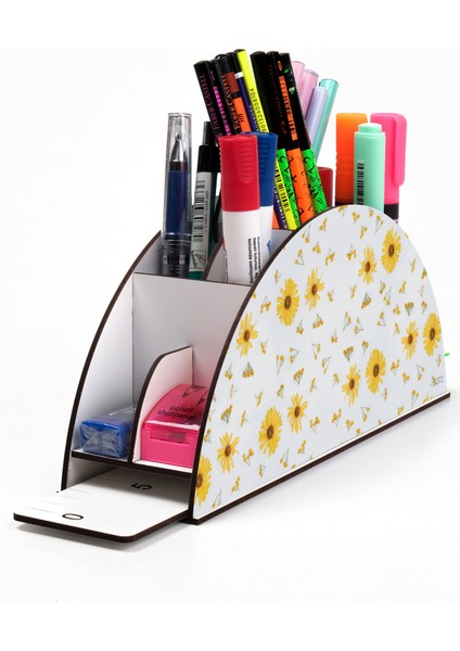Ahşap Vip Papatya Seri Gökkuşağı Cetvelli Masaüstü Kalemlik Organizer Montajlı Kutulu