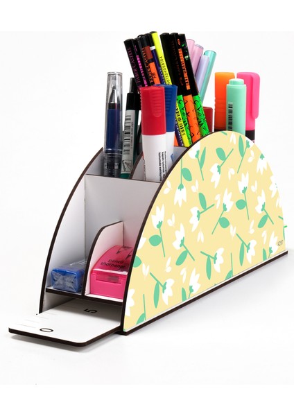 Ahşap Vip Gül Serisi Gökkuşağı Cetvelli Masaüstü Kalemlik Organizer Montajlı Kutulu