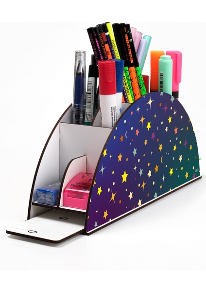 Ahşap Vip Gezegen Seri Gökkuşağı Cetvelli Masaüstü Kalemlik Organizer Montajlı Kutulu