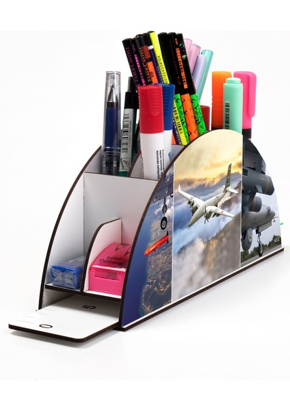 Ahşap Vip Uçak Serisi Gökkuşağı Cetvelli Masaüstü Kalemlik Organizer Montajlı Kutulu