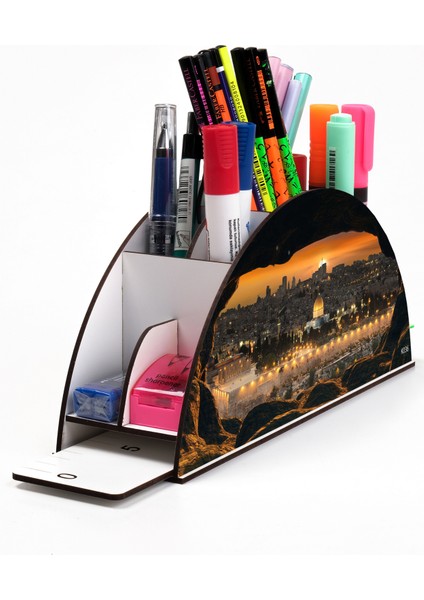 Ahşap Vip Islam Serisi Gökkuşağı Cetvelli Masaüstü Kalemlik Organizer Montajlı Kutulu