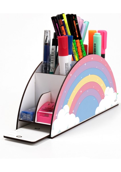 Ahşap Vip Gökkuşağı Serisi Cetvelli Masaüstü Kalemlik Çocuklar Için Organizer Montajlı Kutulu