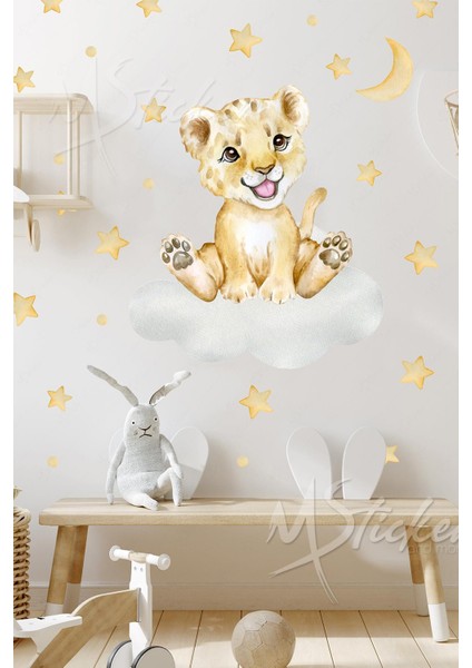 Sevimli Aslan ve Yıldızlar Çocuk Odası Duvar Cam Sticker Seti