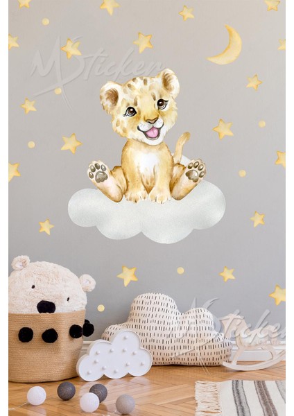 Sevimli Aslan ve Yıldızlar Çocuk Odası Duvar Cam Sticker Seti