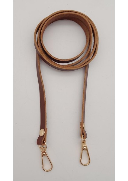 Gerçek Deri Spagetti Model Kızıl Kahve Light Gold Metal Çanta Sapı