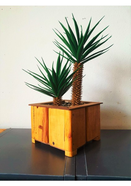 Yapay Mini Palmiye Ağacı Ahşap Çam Saksıda 35 cm Ebat Çift Gövde