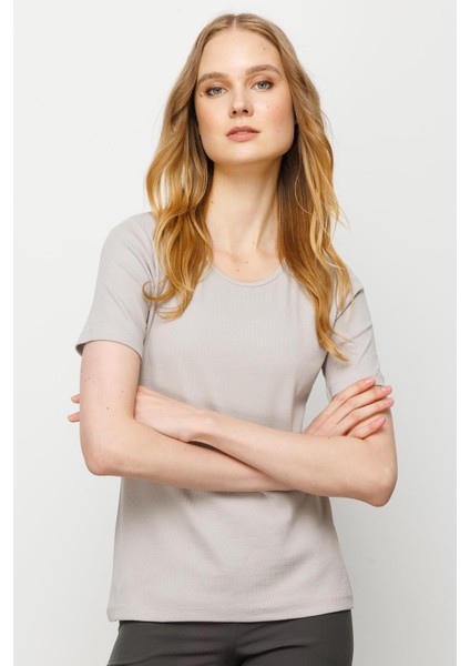 Kadın Sıfır Yaka Kısa Kol Pamuk Kaşkorse T-Shirt Taş