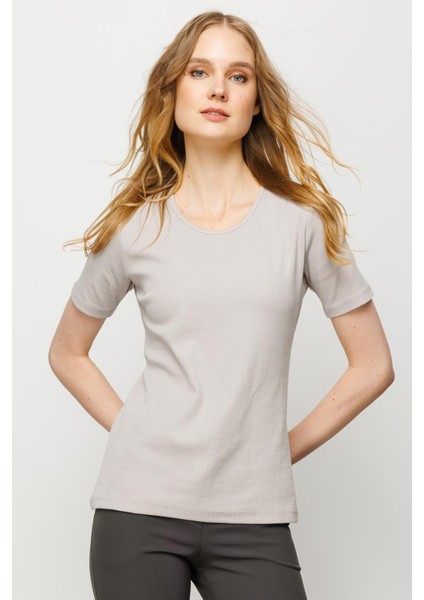 Kadın Sıfır Yaka Kısa Kol Pamuk Kaşkorse T-Shirt Taş fiyatları
