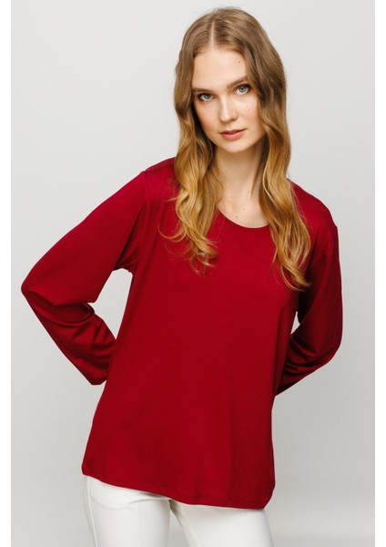 Kadın Sıfır Yaka Basic Penye Bluz Bordo
