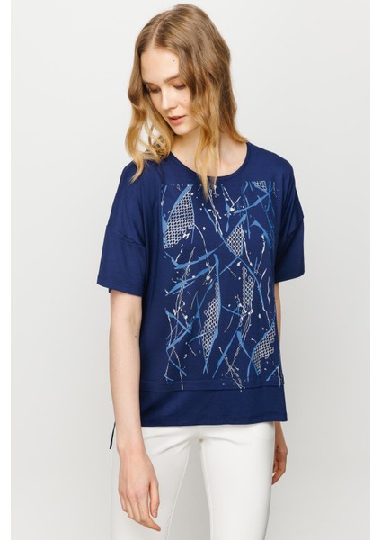 Kadın Sıfır Yaka Önü File Baskılı Penye T-Shirt Lacivert modelleri