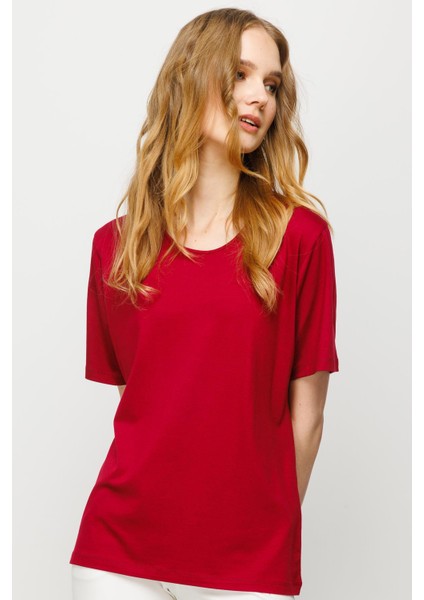 Kadın Sıfır Yaka Basic Penye T-Shirt Bordo modelleri