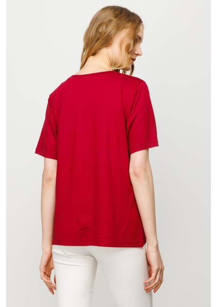 Kadın Sıfır Yaka Basic Penye T-Shirt Bordo fırsatları