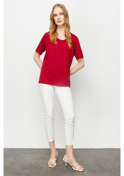 Kadın Sıfır Yaka Basic Penye T-Shirt Bordo indirimleri