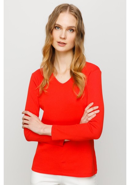 Kadın V Yaka Kaşkorse Pamuklu Bluz Oranj