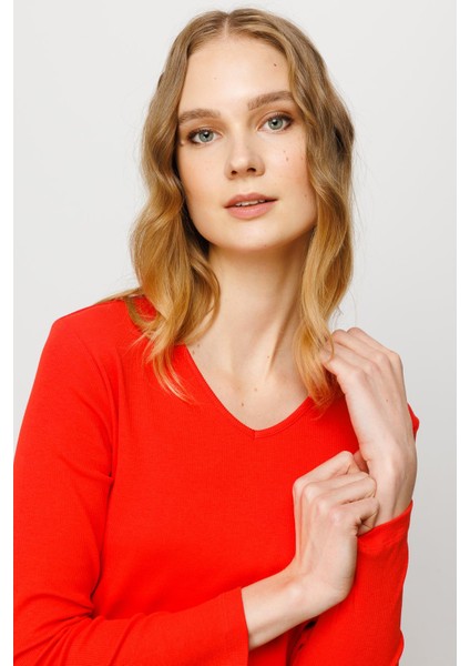 Kadın V Yaka Kaşkorse Pamuklu Bluz Oranj fiyatları