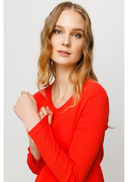 Kadın V Yaka Kaşkorse Pamuklu Bluz Oranj modelleri