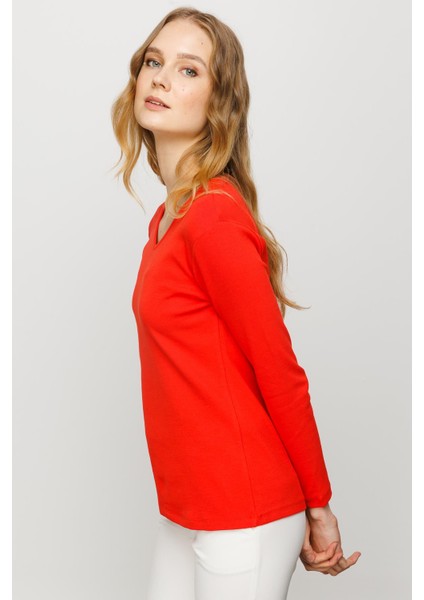 Kadın V Yaka Kaşkorse Pamuklu Bluz Oranj fırsatları